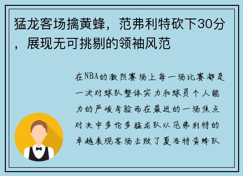 猛龙客场擒黄蜂，范弗利特砍下30分，展现无可挑剔的领袖风范