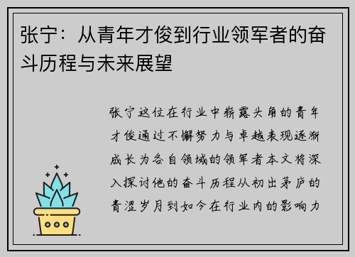 张宁：从青年才俊到行业领军者的奋斗历程与未来展望