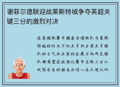 谢菲尔德联迎战莱斯特城争夺英超关键三分的激烈对决