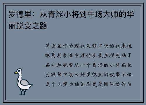 罗德里：从青涩小将到中场大师的华丽蜕变之路