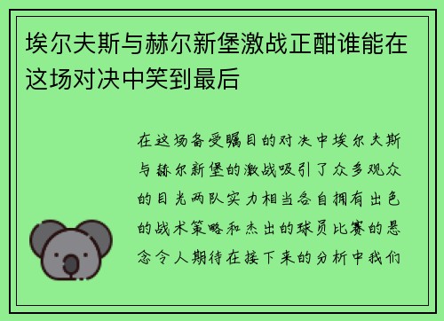 埃尔夫斯与赫尔新堡激战正酣谁能在这场对决中笑到最后