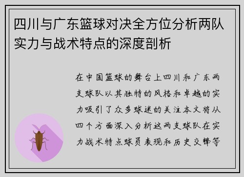 四川与广东篮球对决全方位分析两队实力与战术特点的深度剖析