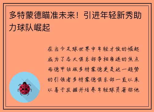 多特蒙德瞄准未来！引进年轻新秀助力球队崛起