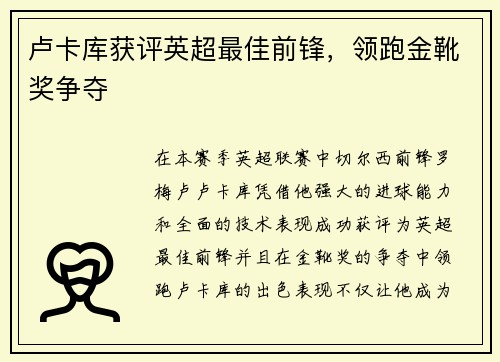 卢卡库获评英超最佳前锋，领跑金靴奖争夺