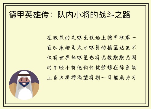 德甲英雄传：队内小将的战斗之路