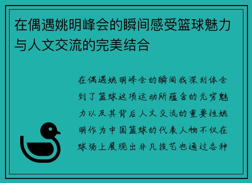 在偶遇姚明峰会的瞬间感受篮球魅力与人文交流的完美结合