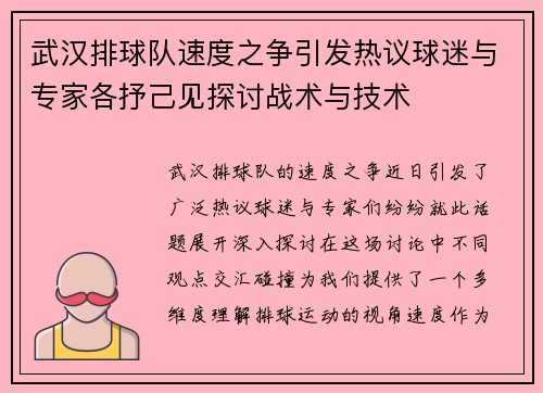 武汉排球队速度之争引发热议球迷与专家各抒己见探讨战术与技术