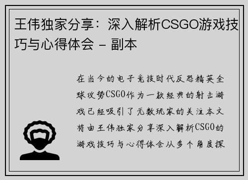 王伟独家分享：深入解析CSGO游戏技巧与心得体会 - 副本